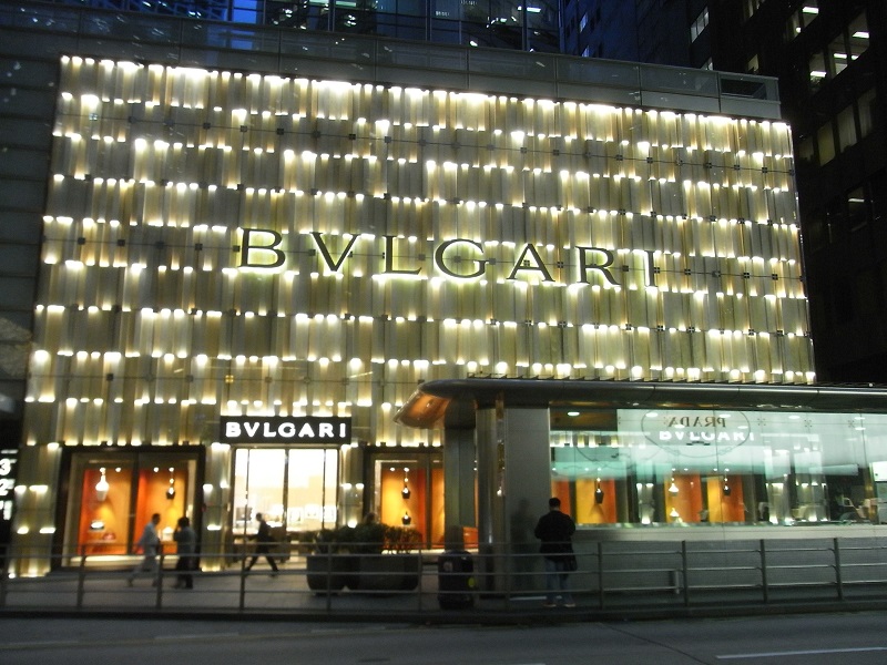 HK Central evening Chater Road shop BULGARI lighting sign MTR Station Dec 2012