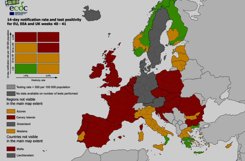  Koροναϊός: Χάρτης δείχνει σχεδόν όλη την Ευρώπη στο κόκκινο – Μισή πράσινη και μισή πορτοκαλί η Ελλάδα