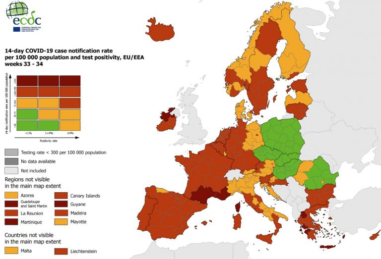  ECDC: Οι περιοχές της χώρας που είναι στο “βαθύ κόκκινο”