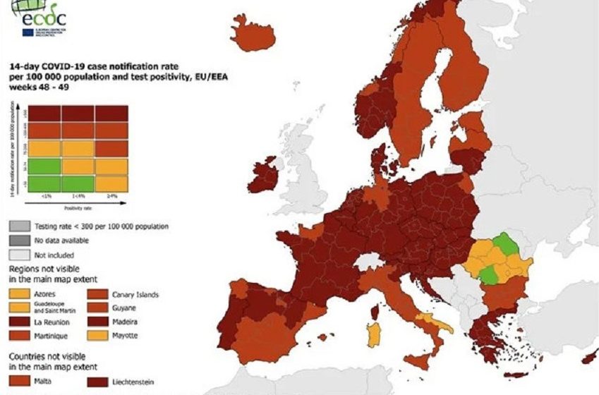 Κοροναϊός:Στο “βαθύ κόκκινο” ολόκληρη η Ελλάδα-Ο χάρτης του ECDC