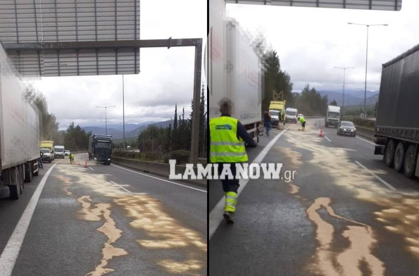  Φορτηγό γέμισε με… πετρέλαιο την Εθνική Οδό στο ύψος της Μαλεσίνας