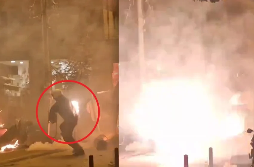 Επεισόδια: Η στιγμή που μολότοφ πέφτει πάνω στο σώμα αστυνομικού και αρπάζει φωτιά (vid)