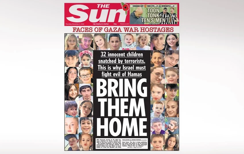  Συγκλονιστικό πρωτοσέλιδο της Sun με τα 32 παιδιά που απήγαγε η Χαμάς: “Φέρτε τα σπίτι”