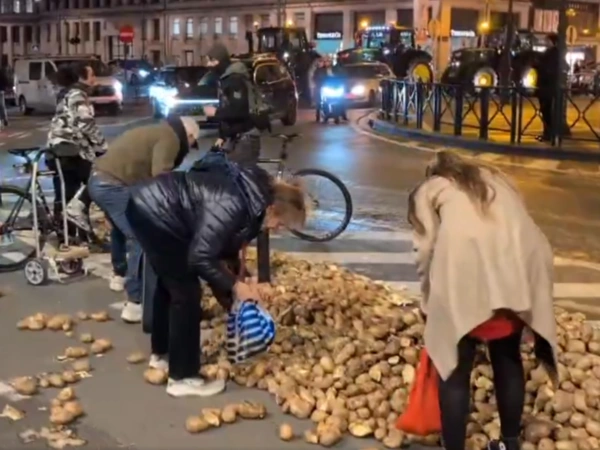  Βρυξέλλες: Μαζεύουν τις πατάτες που έριξαν οι αγρότες μπροστά στην Ευρωβουλή (vid)