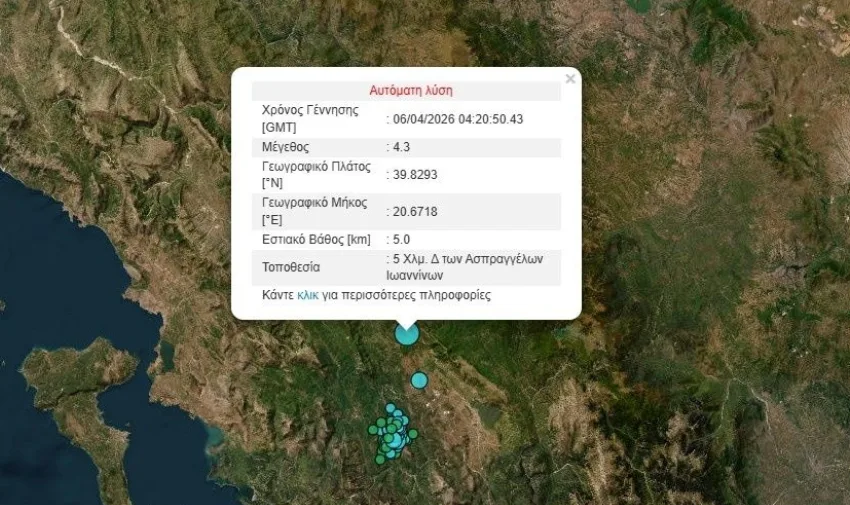  Σεισμός 4,3 Ρίχτερ στα Ιωάννινα