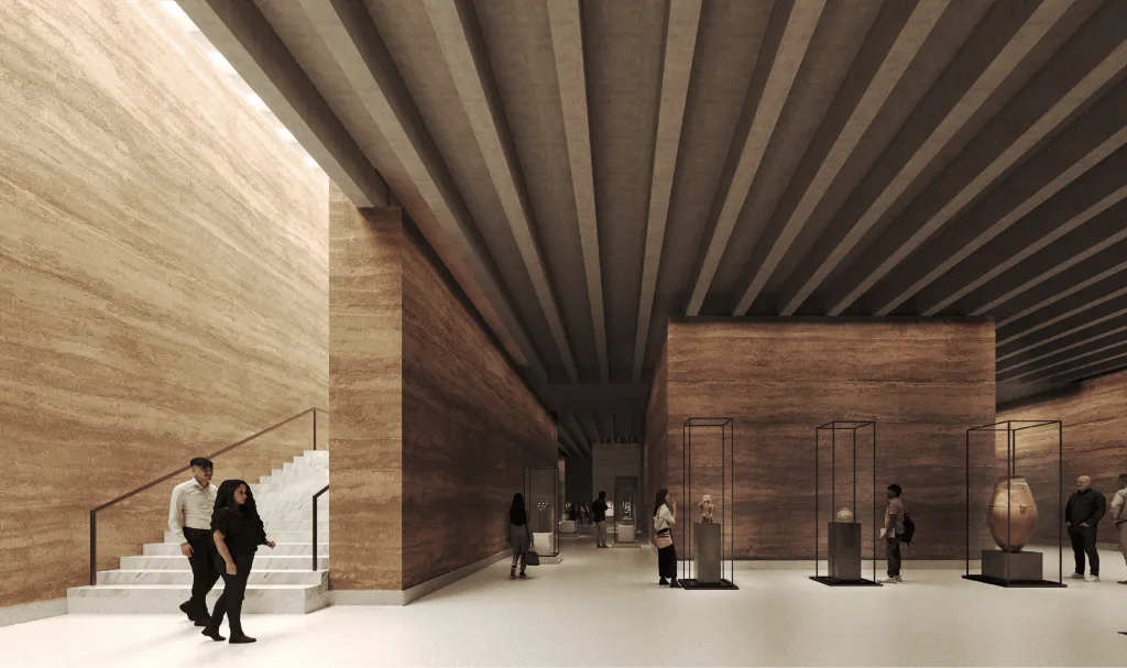 Αλλάζουν "πρόσωπο"... Εικόνες από τον εκσυγχρονισμό του Αρχαιολογικού και Επιγραφικού Μουσείου 12 Κεντρικός χώρος ισογείου με εμβληματικά έργα των συλλογών ΕΑΜ. Φωτορεαλιστική απεικόνιση 1