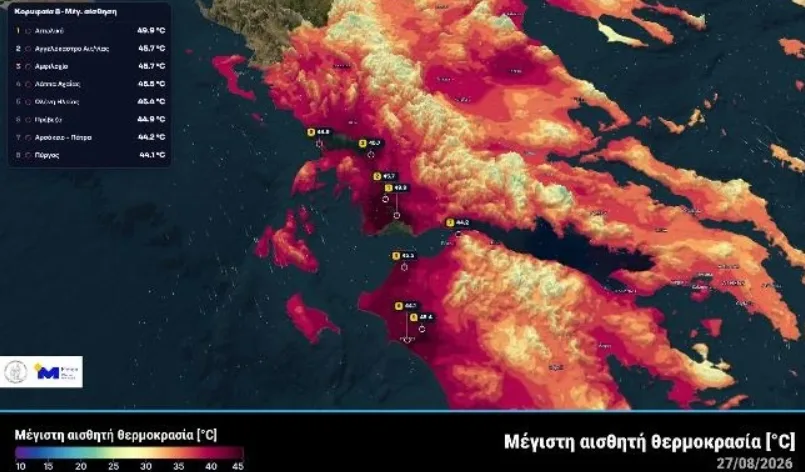 Μέγιστη αισθητή θερμοκρασία 49,9 βαθμούς-Σε ποια περιοχή "έσπασαν" τα θερμόμετρα 2 5 1